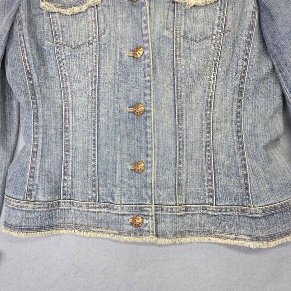 Elie Tahari Denim Jean Jacket Women Small Blue Distressed Embellished Lined Boho - Picture 5 of 13